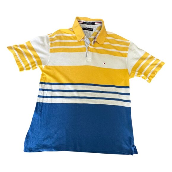 Tommy Hilfiger Waffle Knit Signature Stripe Polo Shirt Retro Vibe MENS Size XL - Picture 2 of 8